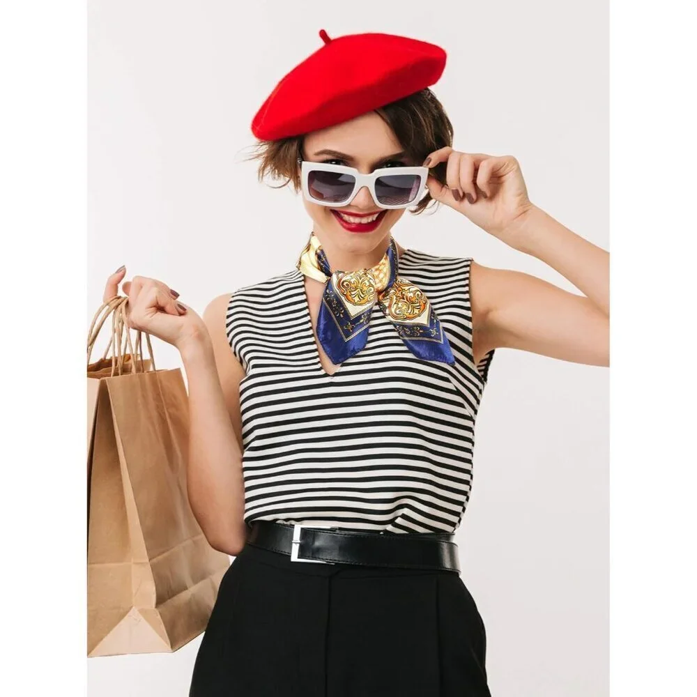 Wool Beret Hat with Silky Scarf Brooch Women Solid French Beanie Accessory